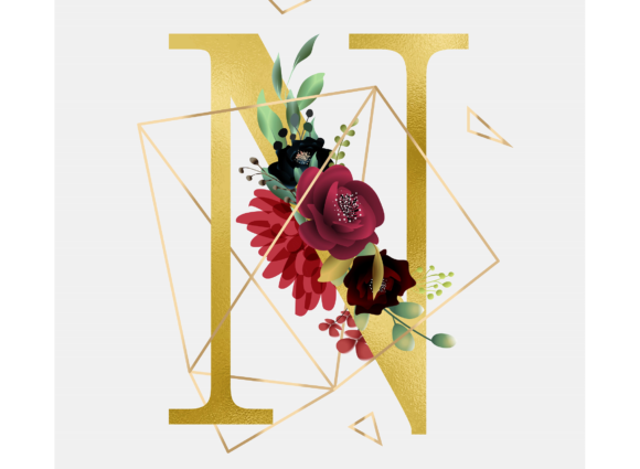 Alphabet N Floral Wreath Golden Foil: Elevating Design with Hand-Drawn Elegance