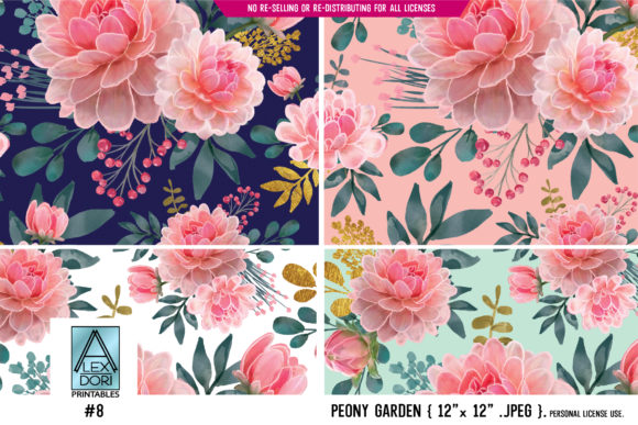 Floral Peony Seamless Pattern 4 in One: A Versatile Watercolor Resource